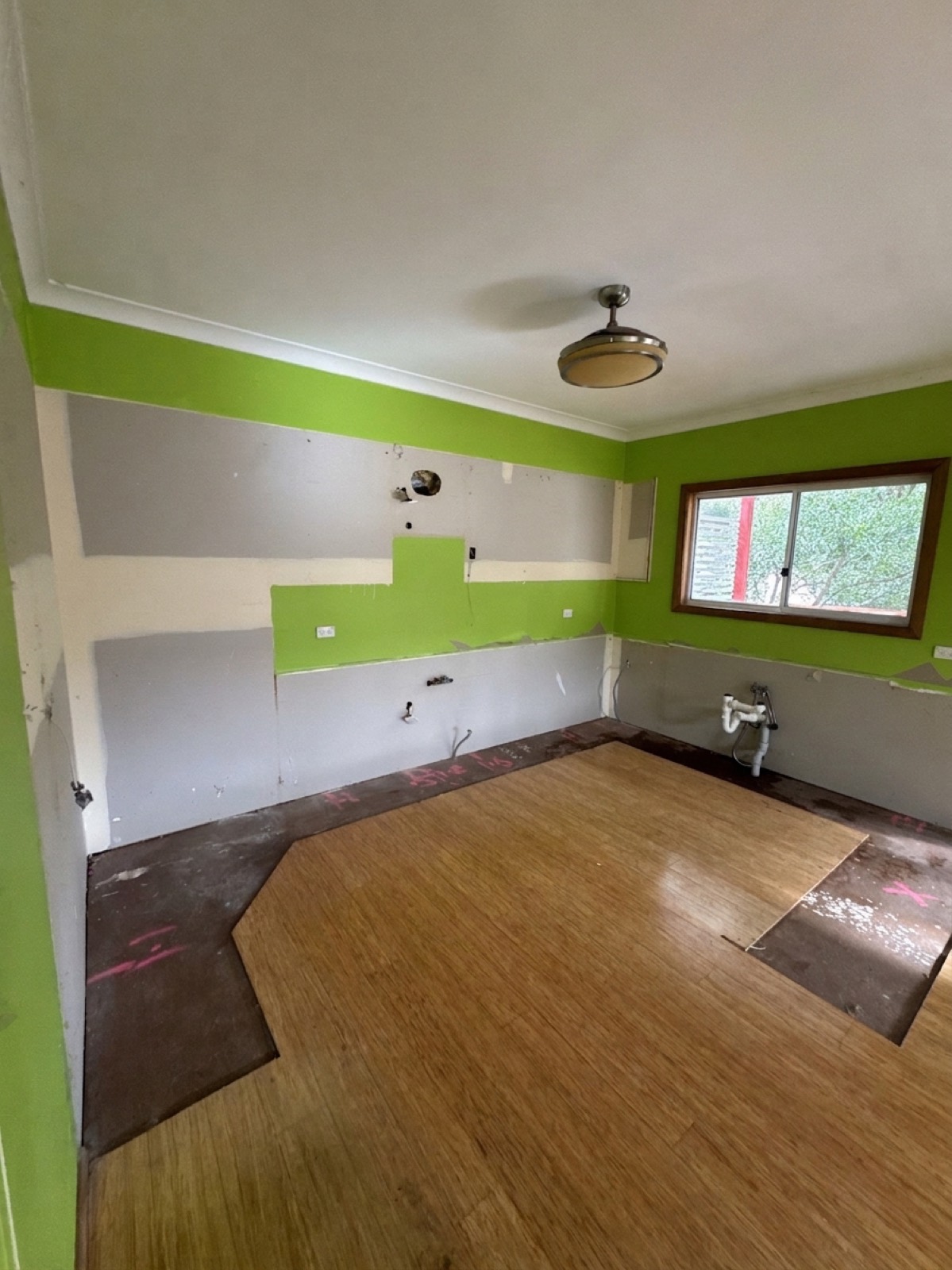 Kitchen stripped to structure during selective demolition, Bardwell Valley